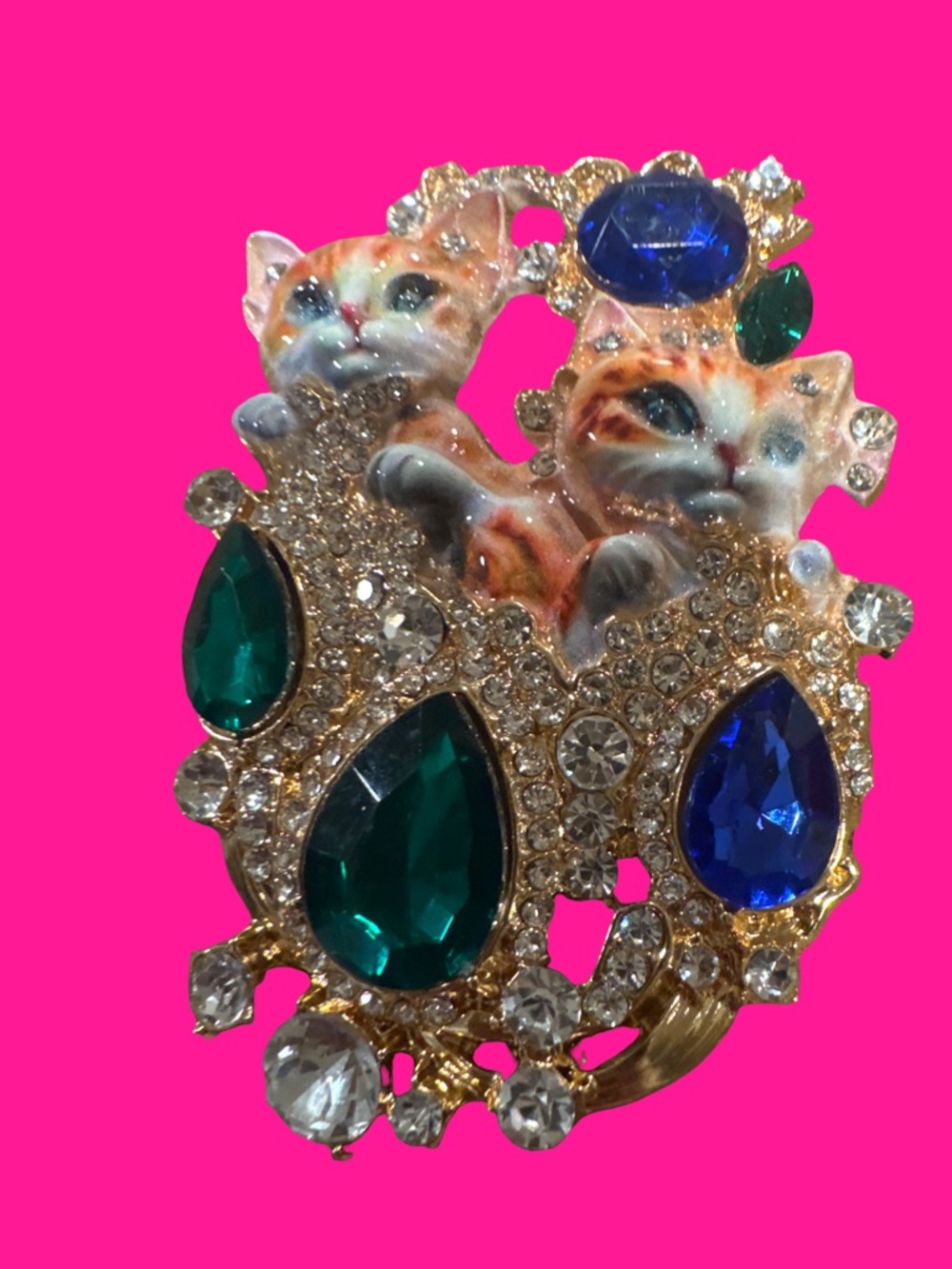 Gold-Tone Cat Duo Brooch with Green & Blue Gems